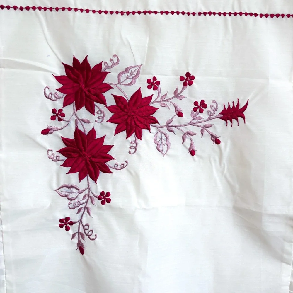 Vintage Floral Embroidered Ruffle Cottage Pillow Shams White Red Farmhouse 28X17